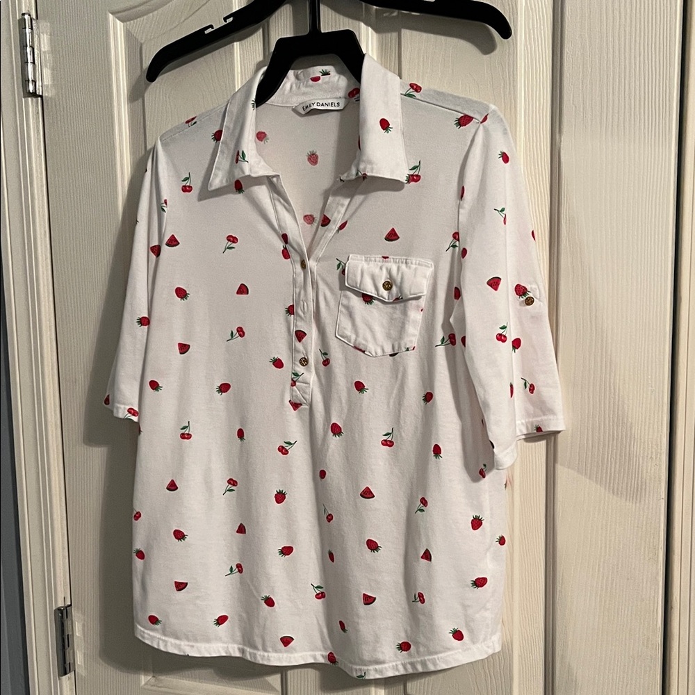 Chic White Blouse with Cherry and Watermelon Print
